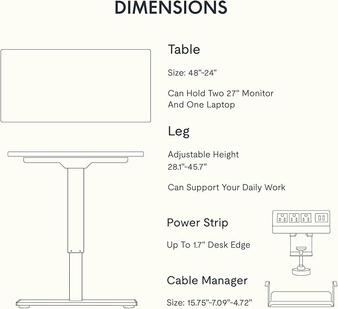 FLEXISPOT EN2 Whole-Piece Standing Desk with Clamp Power Strip, 48 x 24'' Electric Stand Up Height Adjustable Desk with Cable Management (Black Frame + 48" White Top, 2 Packages)