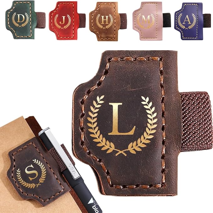 Personalized Mark Bookmark with Pen Holder, Leather Magnetic Book Marker 26 Letters,Custom Initials Page Marks, Gifts for Book Lovers Readers Men Women (Coffee, L)