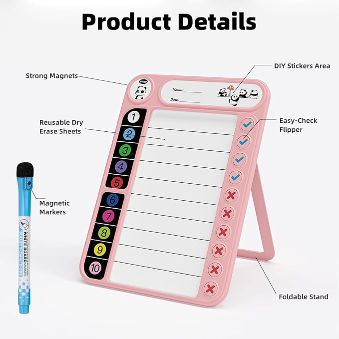 2-Pack Magnetic Chore Chart for Kids, ADHD Task Tracker Easy-Check Routine Dry Erase Board, to-Do List Planning Tool with Stand for Fridge/Desk/Home/School, 6 Reusable Sheets, 4 Markers