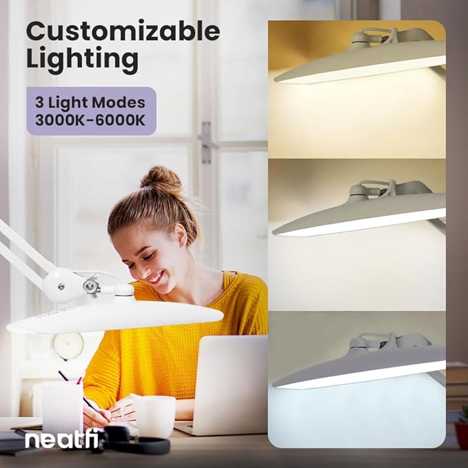 Neatfi XL 2,200 Lumens LED Task Lamp, 20W, 182 Pcs SMD LED, Dimmable, 4 Level Brightness, 3 Light Modes, Desk Light for Home, Office, Workbench (CCT, White)