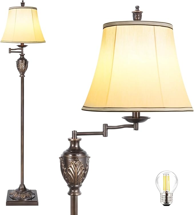 Traditional LED Floor Lamp with 350° Adjustable Swing Arm Lamp – Vintage Standing Pole lamp for Living Room, Bedroom and Office – Rustic Upright Floor Light for Home Décor with Faux Silk Fabric Shade