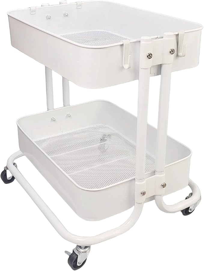 LiWNYRK 2 Tier Under Desk Storage Cart with Wheels Heavy Duty Metal Short Rolling Pantry Storage Cart for Small Space, Utility Trolley for Kitchen Bathroom Laundry Cute Snack Craft Organizer, White
