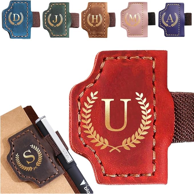 Personalized Mark Bookmark with Pen Holder, Leather Magnetic Book Marker 26 Letters,Custom Initials Page Marks, Gifts for Book Lovers Readers Men Women (Red, U)