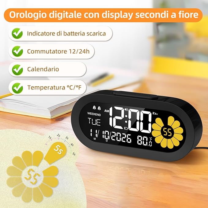 DOOMAY Digital Alarm Clock for Bedroom: Dual Alarm Bedside Clock VA LCD Display with Seconds, 9-Minute Snooze and Weekend Mode, 3 Brightness, 4 Alarms and 3 Volume Levels，Type C & Battery Included