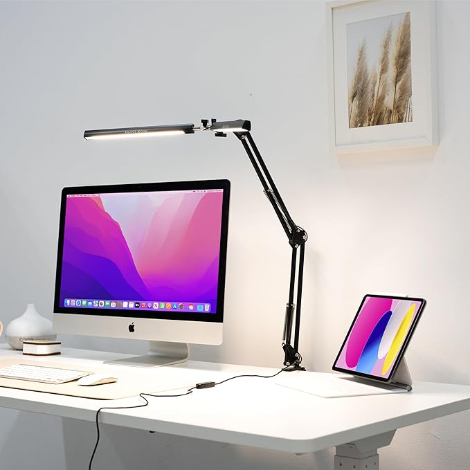Glint Edge Double Head LED Desk Lamp, Ultra-Wide Coverage for 72" Workspaces, Eye-Caring, 360° Adjustable, Stepless Dimming, Remote Control, 10 Brightness Modes, 3 Color Temperatures, Energy Efficient