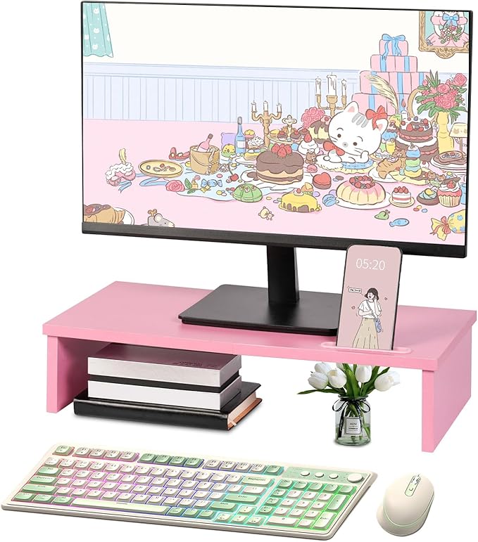 Qupui 21" Monitor Stand Riser with Phone Holder, Monitor Stand for Desk, Computer Monitor Stand, Desk Shelf for Top of Desk, Desktop Organizer for Laptop, Printer, TV