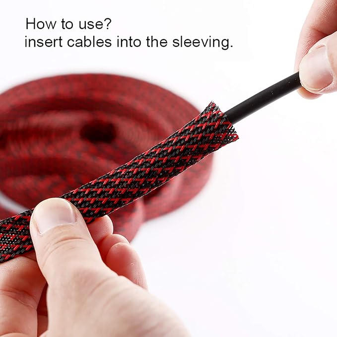 25ft - 1/4 inch PET Expandable Braided Sleeving – BlackRed – Alex Tech Braided Cable Sleeve