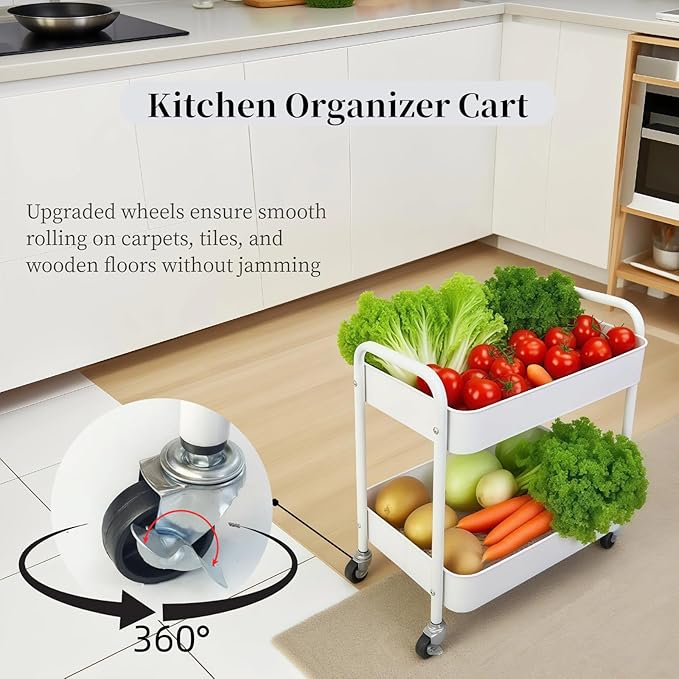 LIWNYRK 2 Tier Metal Rolling Cart with Wheels for Under Desk Storage & Pantry Storage, High Load-Bearing Kitchen Utility Cart for Small Space, Laundry Room Organization Side Table with 4 Hooks, White