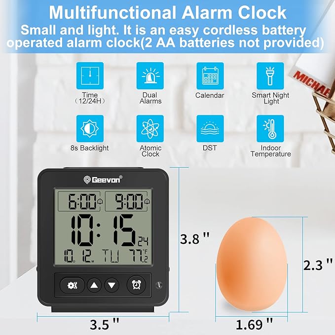Geevon Small Atomic Travel Alarm Clock with Auto/8s Backlight, 2 Alarm Settings, Temperature, Increasing Beep Sounds Digital Atomic Travel Clock Battery Operated for Bedroom, Bedside, Black