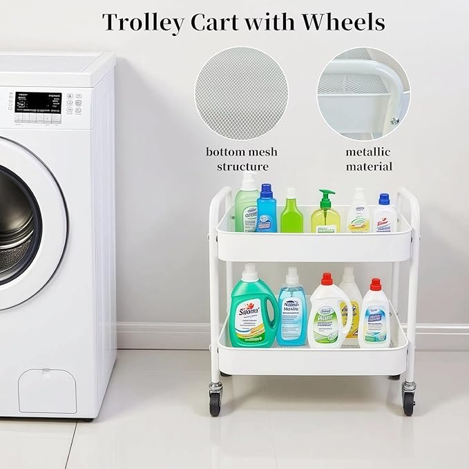 LIWNYRK 2 Tier Metal Rolling Cart with Wheels for Under Desk Storage & Pantry Storage, High Load-Bearing Kitchen Utility Cart for Small Space, Laundry Room Organization Side Table with 4 Hooks, White