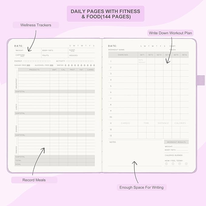 &And Per Se Fitness Workout Journal for Men & Women, Workout Log Book Planner with Daily Diet, Gym Exercise & Training Trackers - Undated, A5 Size, Leather Hardcover (Lavender)