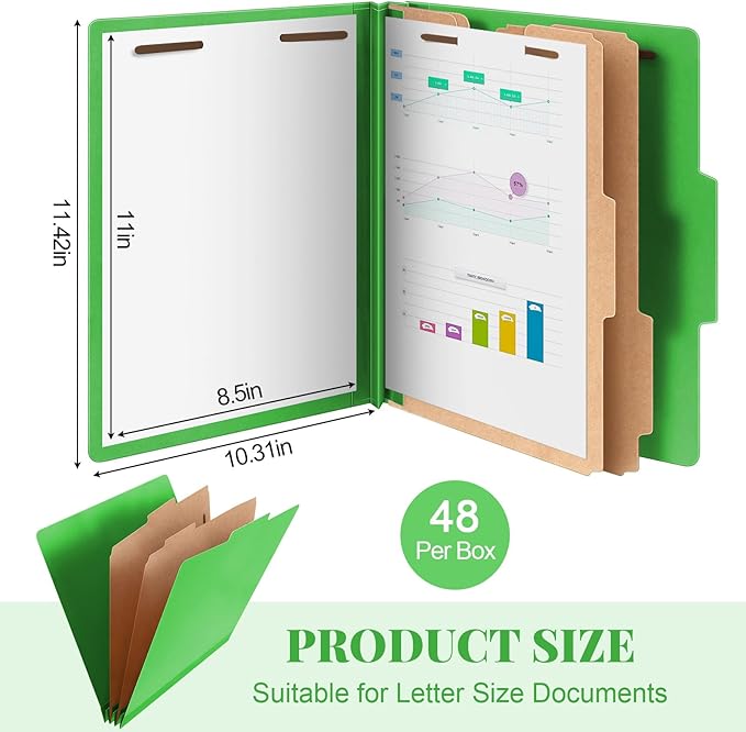 Skyygemm 48 Pcs Classification Folders Letter Size, 2 Divider Pressboard File Folders with 3. 5 Inch Expansion, 2 Prongs Fastener, Heavy Duty Office File Organizers for Teachers, Medical (Green)