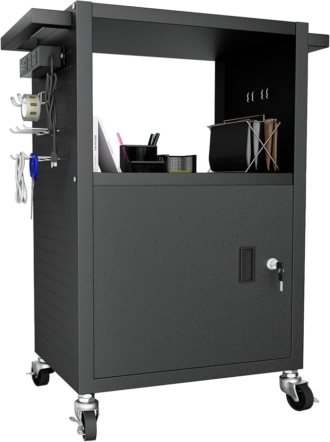 Mobile AV Cart with Push Handles, Heavy Duty Rolling Media Cart with Customized Pegboard & Hooks, Multipurpose Utility Cart with Extra Storage Space, 4 Outlets