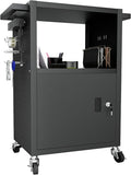 Mobile AV Cart with Push Handles, Heavy Duty Rolling Media Cart with Customized Pegboard & Hooks, Multipurpose Utility Cart with Extra Storage Space, 4 Outlets