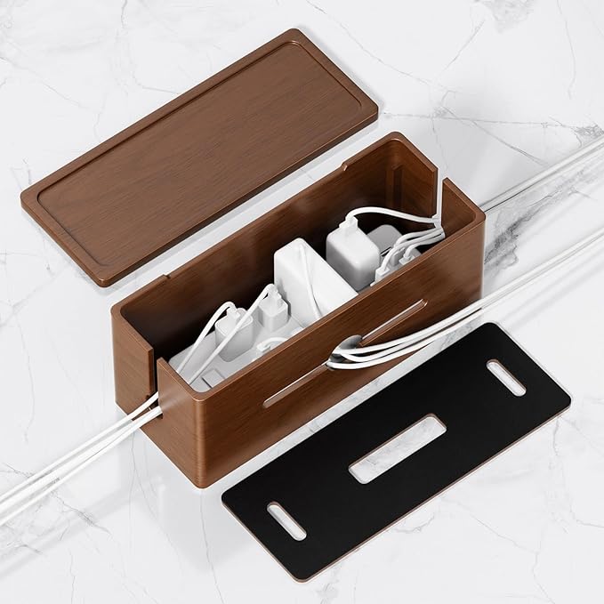 HomeBliss Extra Large Cable Management Box – Brown Double Layer Wooden Cord Organizer with Divider for Desk, TV Stand, Kitchen, and Office （NO Power Strips or Chargers）