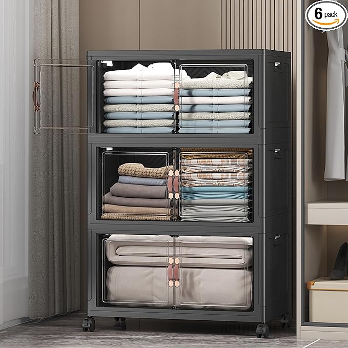 UAMFURI Extra Large Stackable Storage Bins with Lids & Wheels & Door, 336QT-112QT/28GAL*3Pack Foldable Collapsible Closet Organizers, Plastic containers drawers for bedroom Dorm