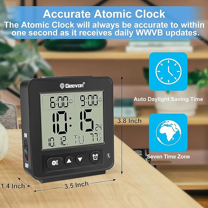 Geevon Small Atomic Travel Alarm Clock with Auto/8s Backlight, 2 Alarm Settings, Temperature, Increasing Beep Sounds Digital Atomic Travel Clock Battery Operated for Bedroom, Bedside, Black