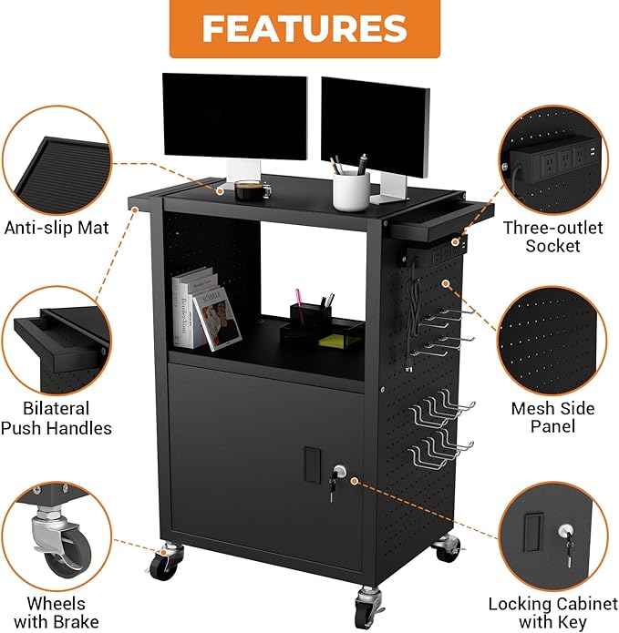 Mobile AV Cart with Push Handles, Heavy Duty Rolling Media Cart with Customized Pegboard & Hooks, Multipurpose Utility Cart with Extra Storage Space, 4 Outlets