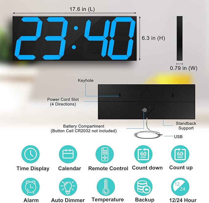 LED Large Digital Wall Clock, Oversize Wall Clock with 6” Numbers, Remote Control Count up/Countdown Timer Clock, Auto Dimmer, Big Calendar and Thermometer(Ice Blue)