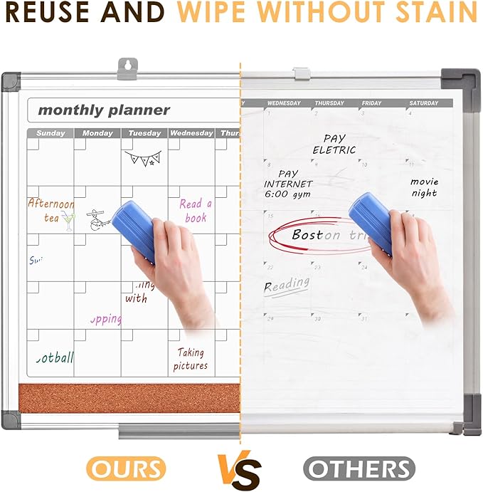 MAKELLO Dry Erase Calendar for Wall 24" x 18", Whiteboard Calendard with Cork Board for Office, Home, School, Family, Kitchen and Bedroom