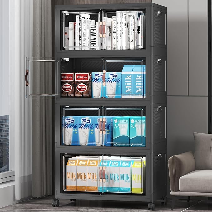 UAMFURI Extra Large Stackable Storage Bins with Lids & Wheels & Door, 208QT-52QT/13GAL*4Pack Foldable Collapsible Closet Organizers, Plastic containers drawers for bedroom Dorm