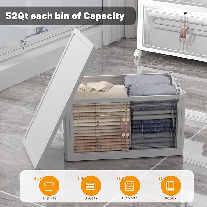 UAMFURI Extra Large Stackable Storage Bins with Lids & Wheels & Door, 156QT-52QT/13GAL*3Pack Foldable Collapsible Closet Organizers, Plastic containers drawers for bedroom Dorm