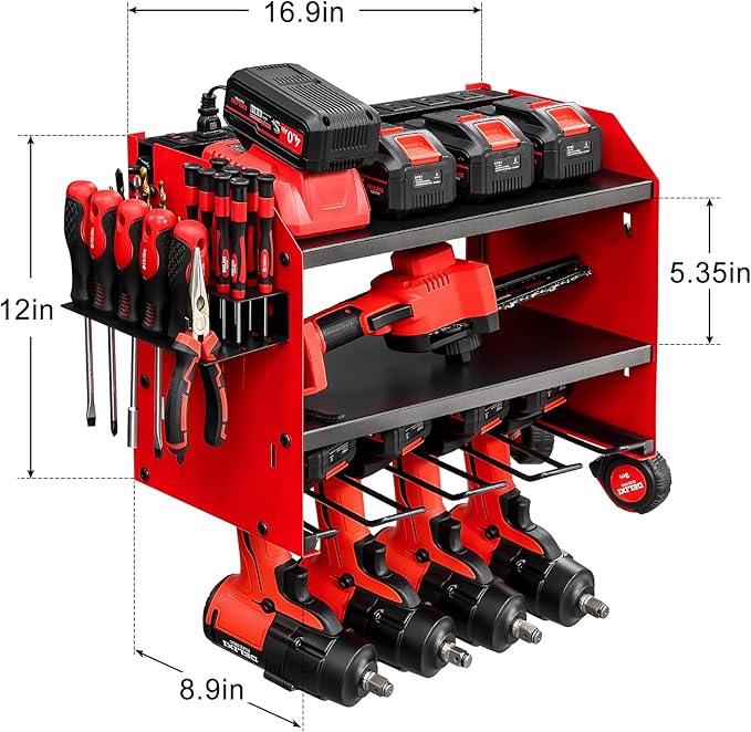 Power Tool Organizer Wall Mount with Charging Station, Heavy Duty 3 Layer Garage Tool Storage with 4 Cordless Drill Holder and 8 Outlet Power Strip, Gift for Men Husband Dad Birthday Anniversary red