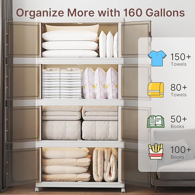 UAMFURI Extra Large Stackable Storage Bins with Lids & Wheels & Door, 660QT-165QT/41GAL*4Pack Foldable Collapsible Closet Organizers, Plastic Containers Drawers for Bedroom Dorm Garage