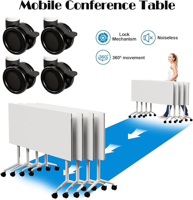 WYMHYZ Conference Table Flip Top Mobile Conference Room Tables,Folding Conference Table with Wheels,Large Meeting Training Seminar Table Saving Space for Office Classroom (10, White, 55.1'')