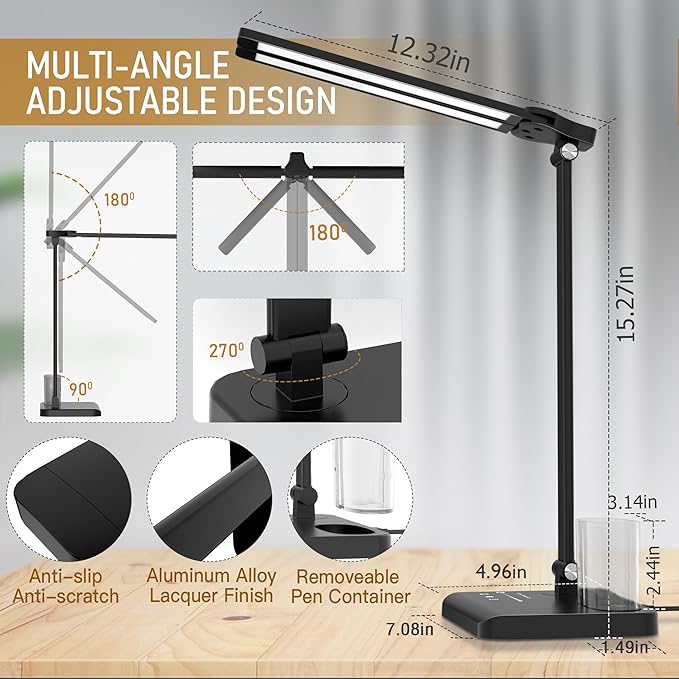 CHARYJOD Dimmable LED Desk Lamp with USB Charging Port Bright, 50 Lighting Modes Dual Swing Arm Architect Table Lamp Light Desk Lamp for Home Office Dorm Piano Nail