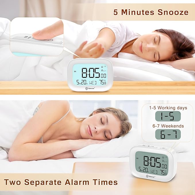 Geevon Small Travel Alarm Clock, Digital Alarm Clocks for Bedrooms Home Office, Battery Operated Desk Clock with 3 Inch Large Display, 2 Alarms, 5s Backlight, Snooze, Indoor Temperature, White