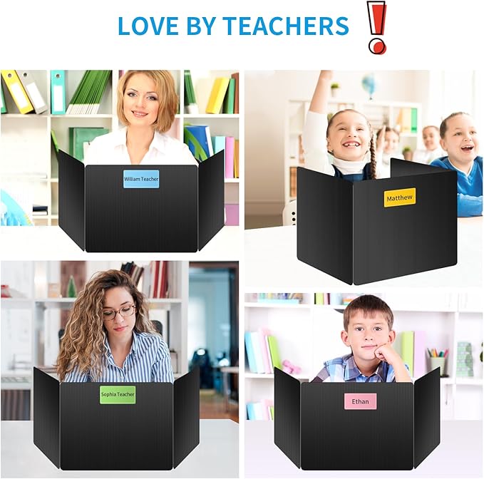12 Pack Black Desk Dividers for Students, Privacy Shields Folder for Students, Durable & Waterproof Plastic Study Board, Classroom Teacher Supplies Test Divider, Includes Extra Labels