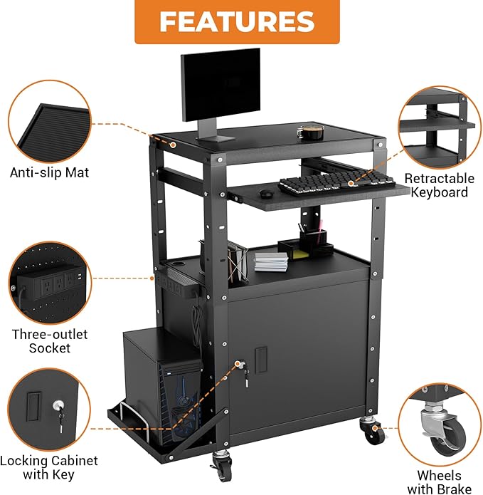 Mobile AV Cart with Side Shelves, Rolling Computer Cart Height Adjustable Rolling Media Utility Cart with Pullout Keyboard Tray Extra Storage Space, 4 Outlets, Perfect for Home or Office Use