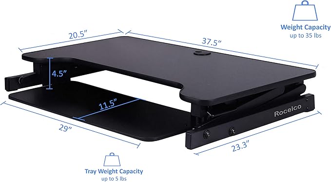 Rocelco 37.5" Deluxe Height Adjustable Standing Desk Converter - Quick Sit Stand Up Dual Monitor Riser - Gas Spring Assist Computer Workstation - Large Retractable Keyboard Tray - Black (R DADRB)