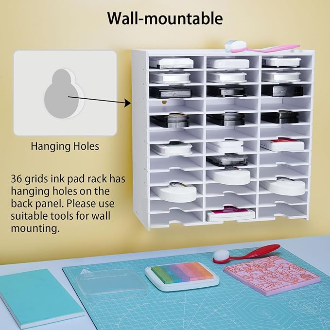Krafetto 36 Grids Ink Pad Storage Rack, Wall-mountable Stamp Pad Organizer Holder Compatible with Standard Size Ink Pads（Grid Size 4.1" W × 3.9" D × 0.9" H）