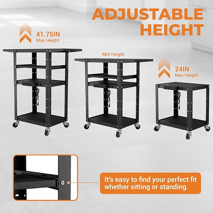 Mobile AV Cart with Pullout Keyboard Tray, Rolling Computer Cart Height Adjustable Rolling Media Utility Cart with 4 Wheels, 4 Outlets, Perfect for Home or Office Us