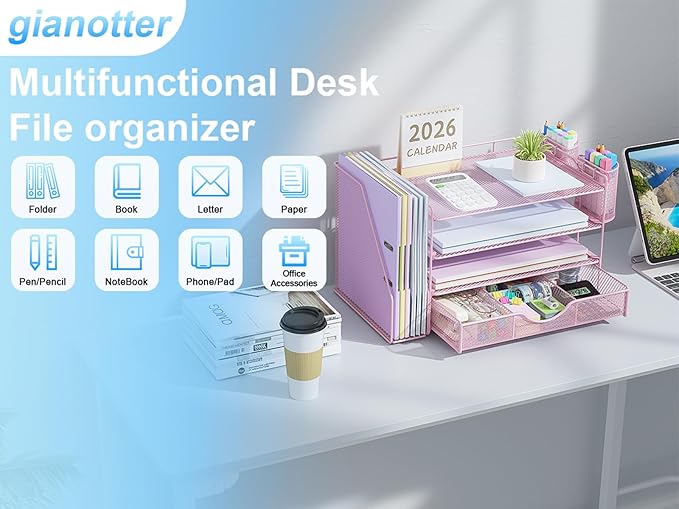 gianotter Desk Organizers and Accessories with File Holder, 4-Tier Desk Accessories & Workspace Organizers with Drawer and 2 Pen Holder, Paper Organizer for Office Supplies (Pink)