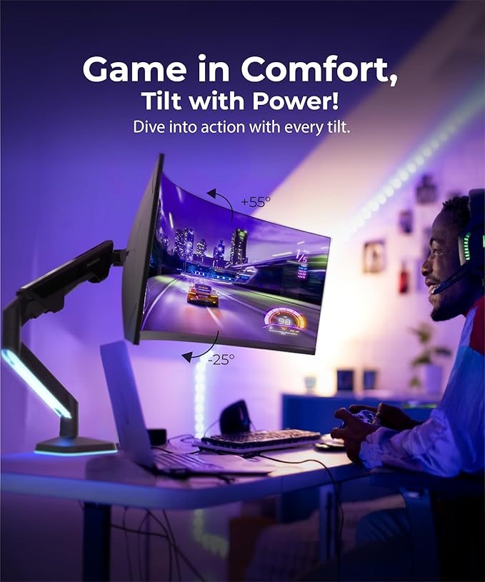Modernsolid Heavy Duty Ultrawide Monitor Arm with RGB Lighting & USB Charging, Fits 34 to 49 inch Curved Screens, Supports 14 to 38 lbs, Adjustable Desk Mount, Gaming Setup, Black