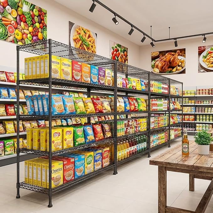 REIBII 45.8“W Metal Shelving Storage Shelves, 5-Tier Wire Shelving Unit,Heavy Duty Garage Shelving, Adjustable Storage Rack for Pantry Kitchen Dining Room Restaurant Supermarket Commercial Black