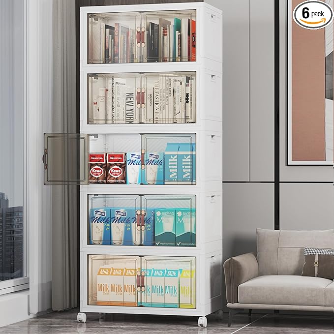 UAMFURI Extra Large Stackable Storage Bins with Lids & Wheels & Door, 260QT-52QT/13GAL*5Pack Foldable Collapsible Closet Organizers, Plastic containers drawers for bedroom Dorm