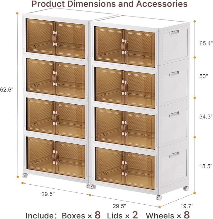 UAMFURI Extra Large Stackable Storage Bins with Lids & Wheels & Door, 1280QT-160QT/40GAL*8Pack Foldable Collapsible Closet Organizers, Plastic containers drawers for bedroom Dorm