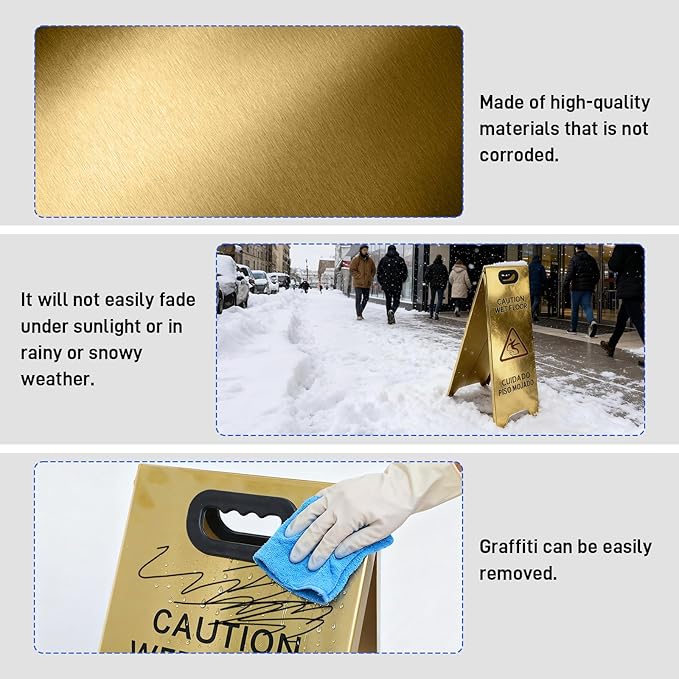 Kerty 2 Pack Stainless Steel Wet Floor Sign, 24 Inch Caution Wet Floor Sign Portable Foldable Bilingual Safety Warning for Hotel Market Restroom Restaurant Office (Gold)