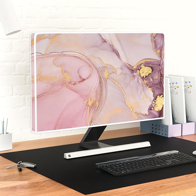 Baocicco Pink Gold Marble Computer Monitor Dust Cover 22, 23, 24, 25 Inch Decorative Modern Laptop Computer Cover for Home Office Decorative Texture Dust Proof Monitor Covers for Computer Screen