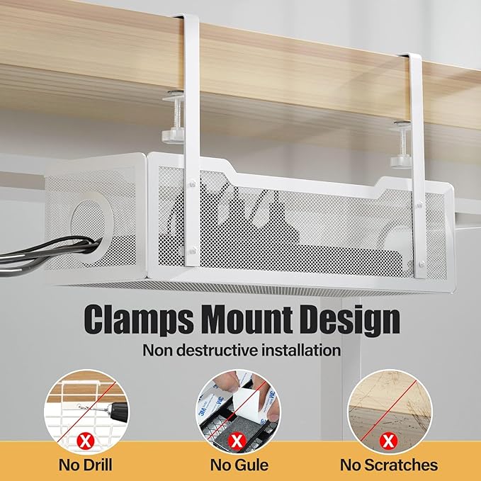 4 Pack Under Desk Cable Management Box White, Cinati 53.6" Wire Organizers No Drill, Cord Organization Tray with Clamp for Office, Home - No Damage to Desk