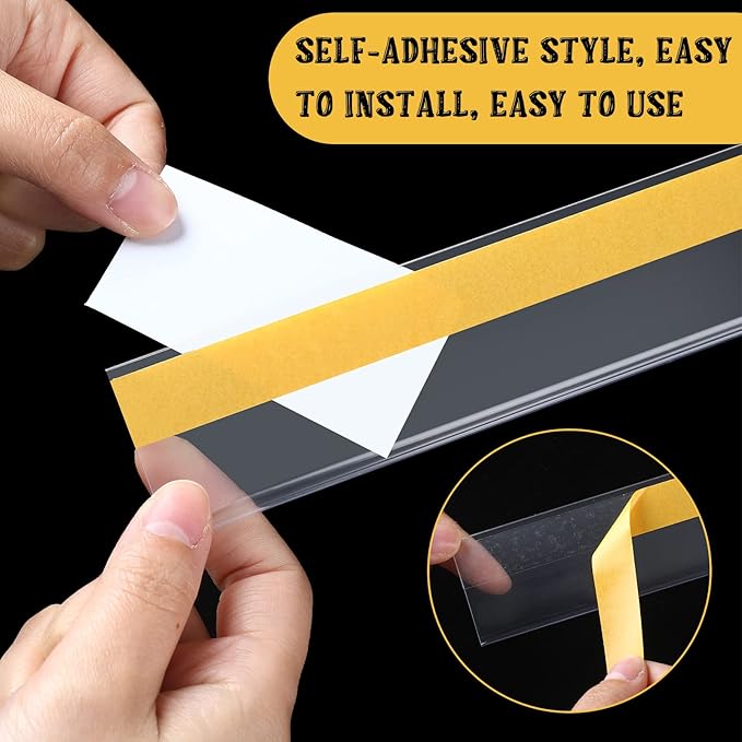 Fainne 100 Pcs 1.25 Inch Shelf Label Strip Holders Plastic Wire Shelf Price Tag Holder Self Adhesive Clear PVC Front and Back Labels Strip for Gondola Price Tag Wood Metal Rack, 48 Inches Long