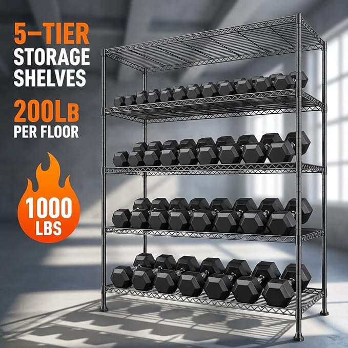 REIBII 45.8“W Metal Shelving Storage Shelves, 5-Tier Wire Shelving Unit,Heavy Duty Garage Shelving, Adjustable Storage Rack for Pantry Kitchen Dining Room Restaurant Supermarket Commercial Black