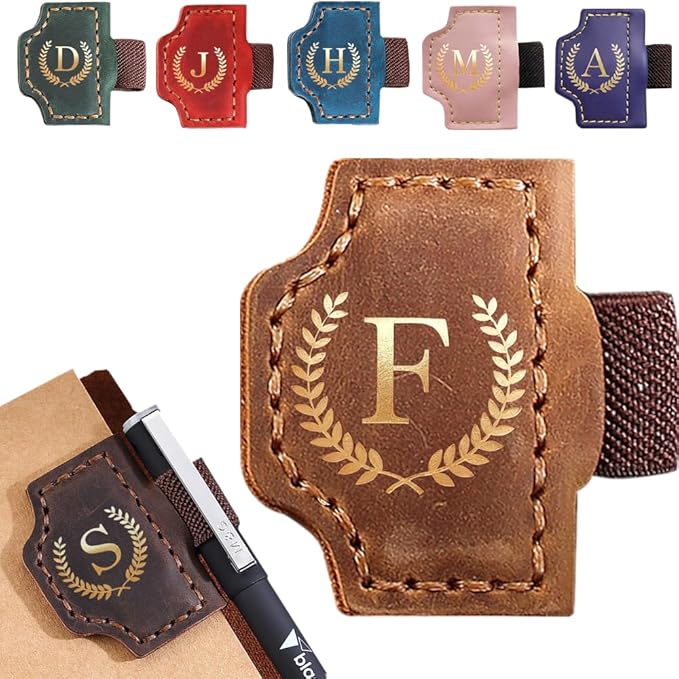 Personalized Mark Bookmark with Pen Holder, Leather Magnetic Book Marker 26 Letters,Custom Initials Page Marks, Gifts for Book Lovers Readers Men Women (Brown, F)