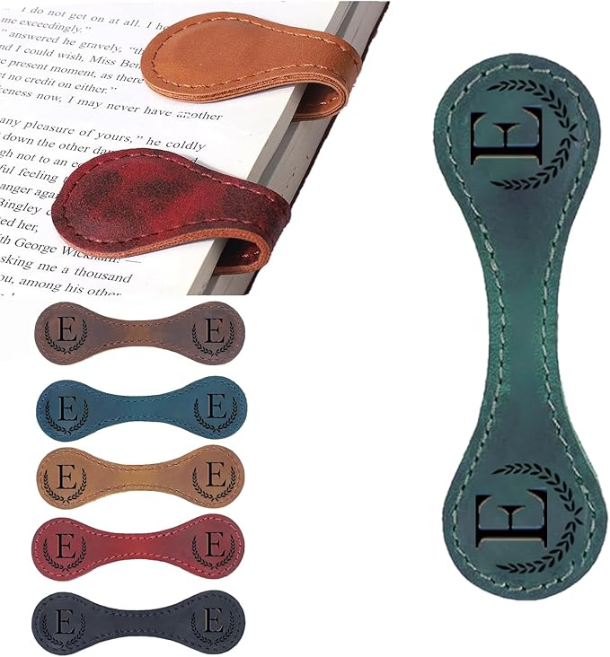 Personalized Magnetic Leather Bookmark, 26 Letters Custom Leather Bookmarks, Handmade, Leather Magnetic Bookmark for Book Lovers Readers Women Kid(Green，E）