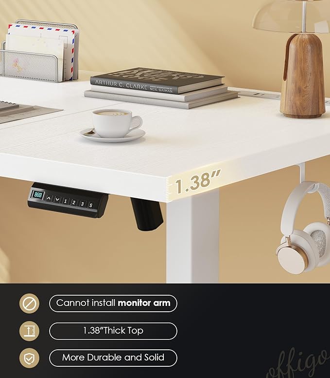 OffiGo 71 Inch Executive Electric Standing Desk, Height Adjustable Desk with Power Outlet & 1.38" Thick 3-Piece Desktop, Sit Stand Computer Desk for Home, Office, Conference Room, White