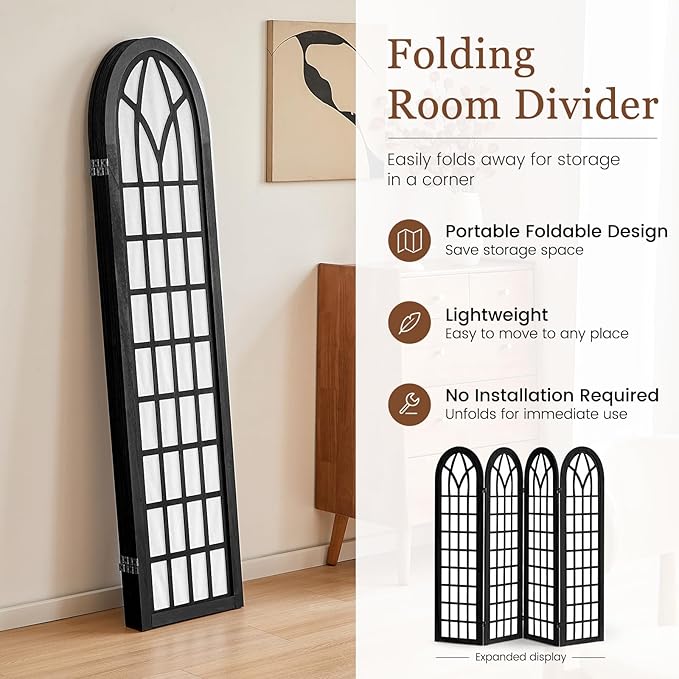 Asnefeli Room Divider 4 Panel, Japanese Shoji Privacy Screen for Bedroom Home Office Separation, Folding Wood Partition Wall, 5.6 Ft Black Decor